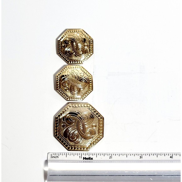 MCM Octogonal Clip On Earrings Brooch Set Gold Tone Engraved Victorian Style VGC - Picture 5 of 14